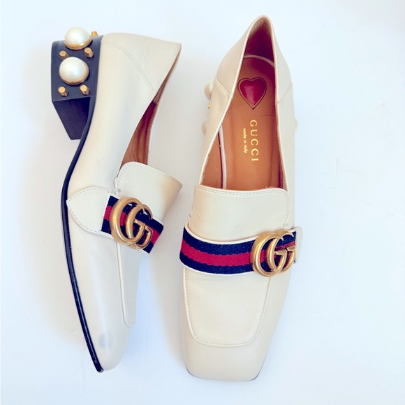 GUCCI Peyton Pearl GG Embellished Web White Cream Leather low Heel Loafers 36 - Picture 1 of 10